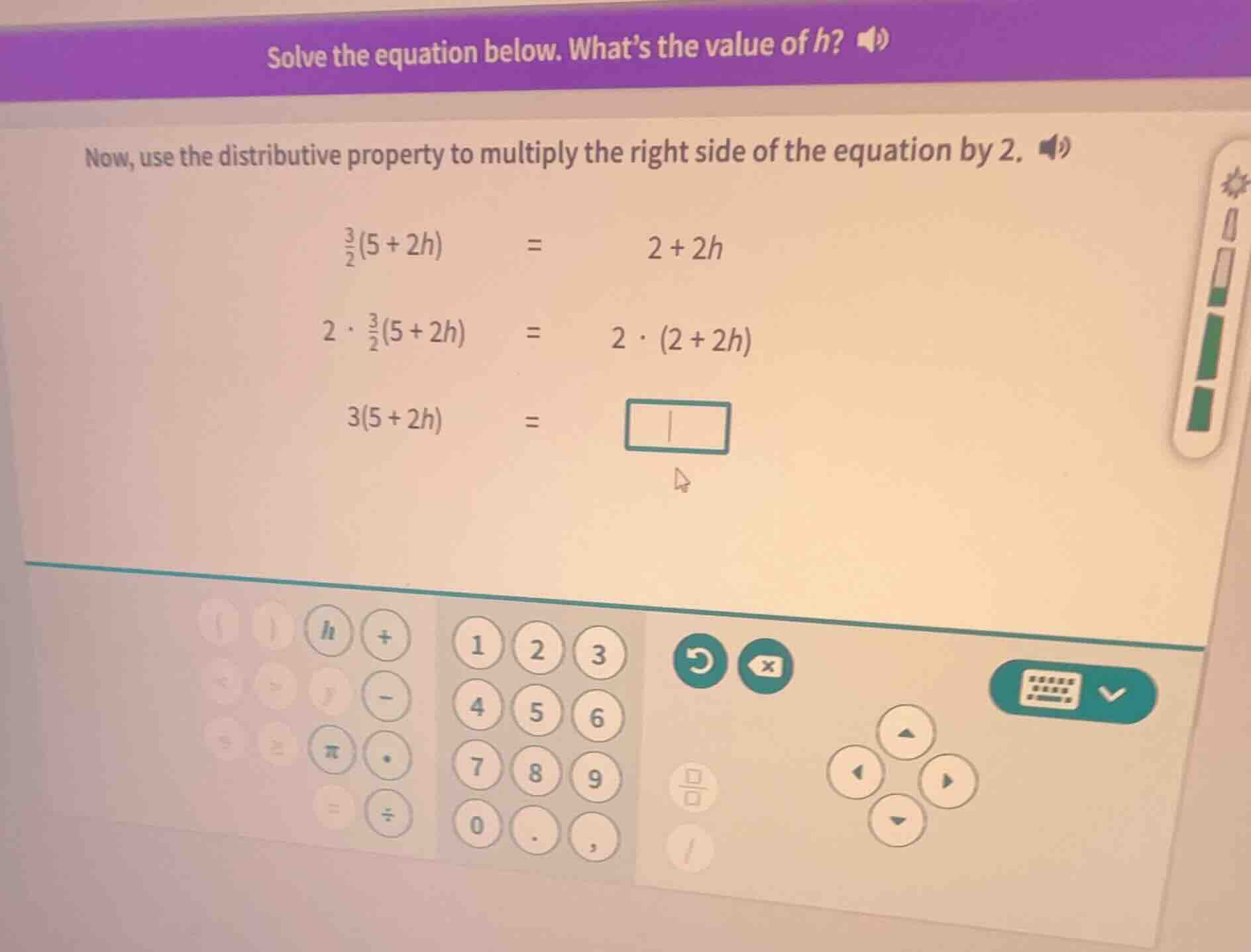 solve the equation below. whats the value of h? now, use the distributi…