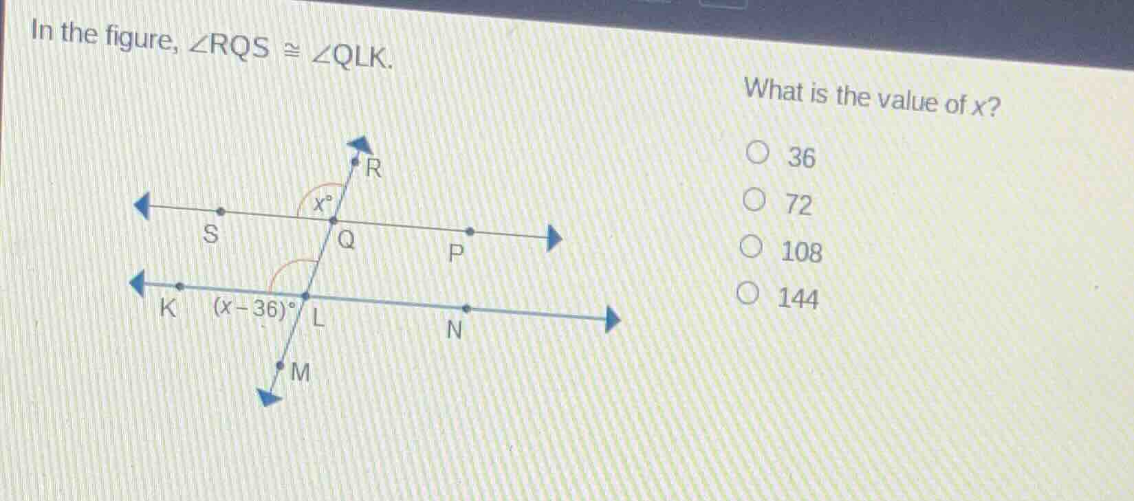 in the figure, $\\angle rqs \\cong \\angle qlk$. what is the value of $…