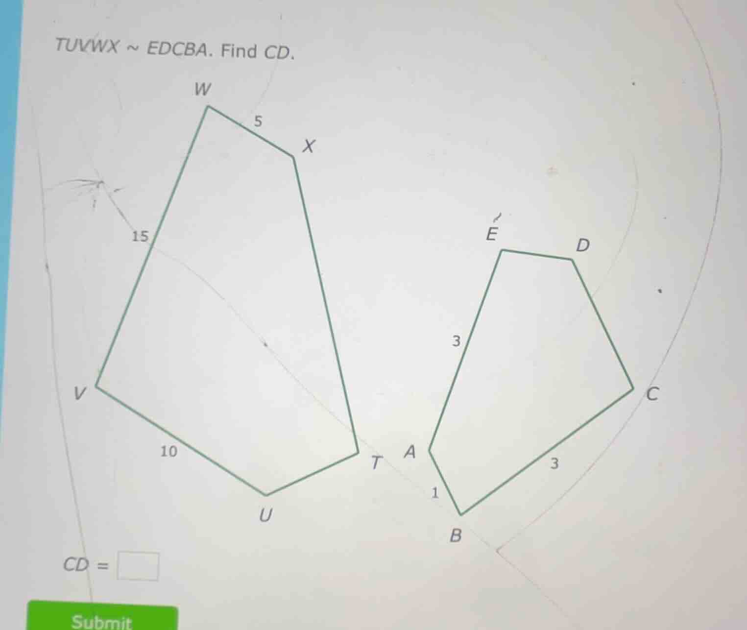 tuvwx ~ edcba. find cd. cd = \\boxed{}