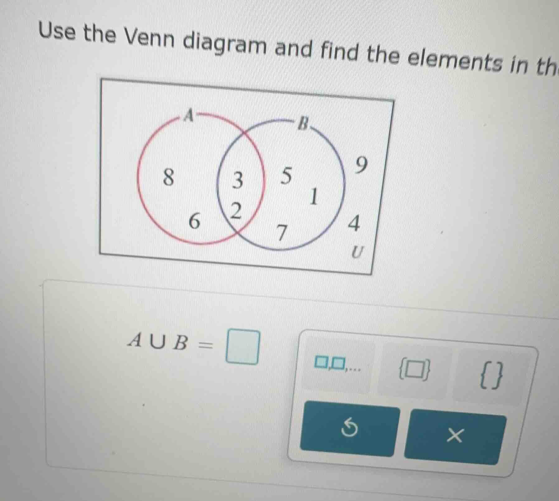 use the venn diagram and find the elements in the \\( a cup b = \\)