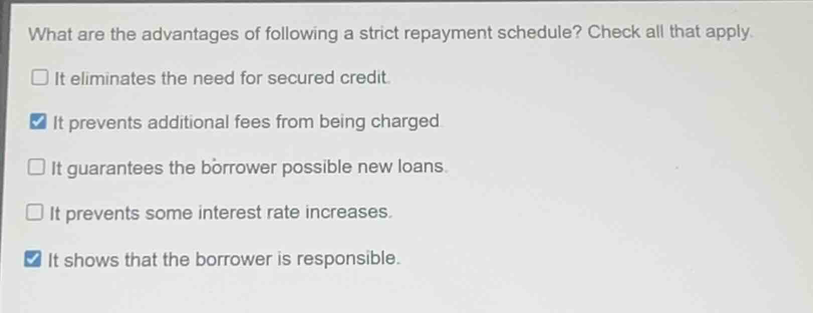 what are the advantages of following a strict repayment schedule? check…