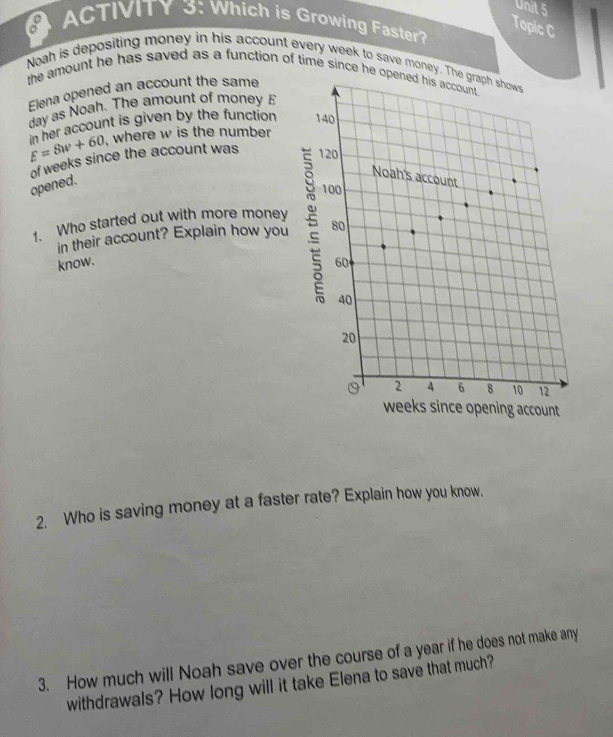 activity 3: which is growing faster? noah is depositing money in his ac…