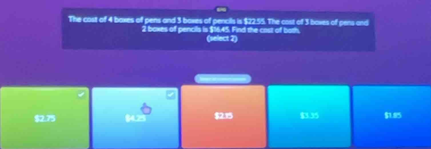 the cost of 4 boxes of pens and 3 boxes of pencils is $22.55. the cost …