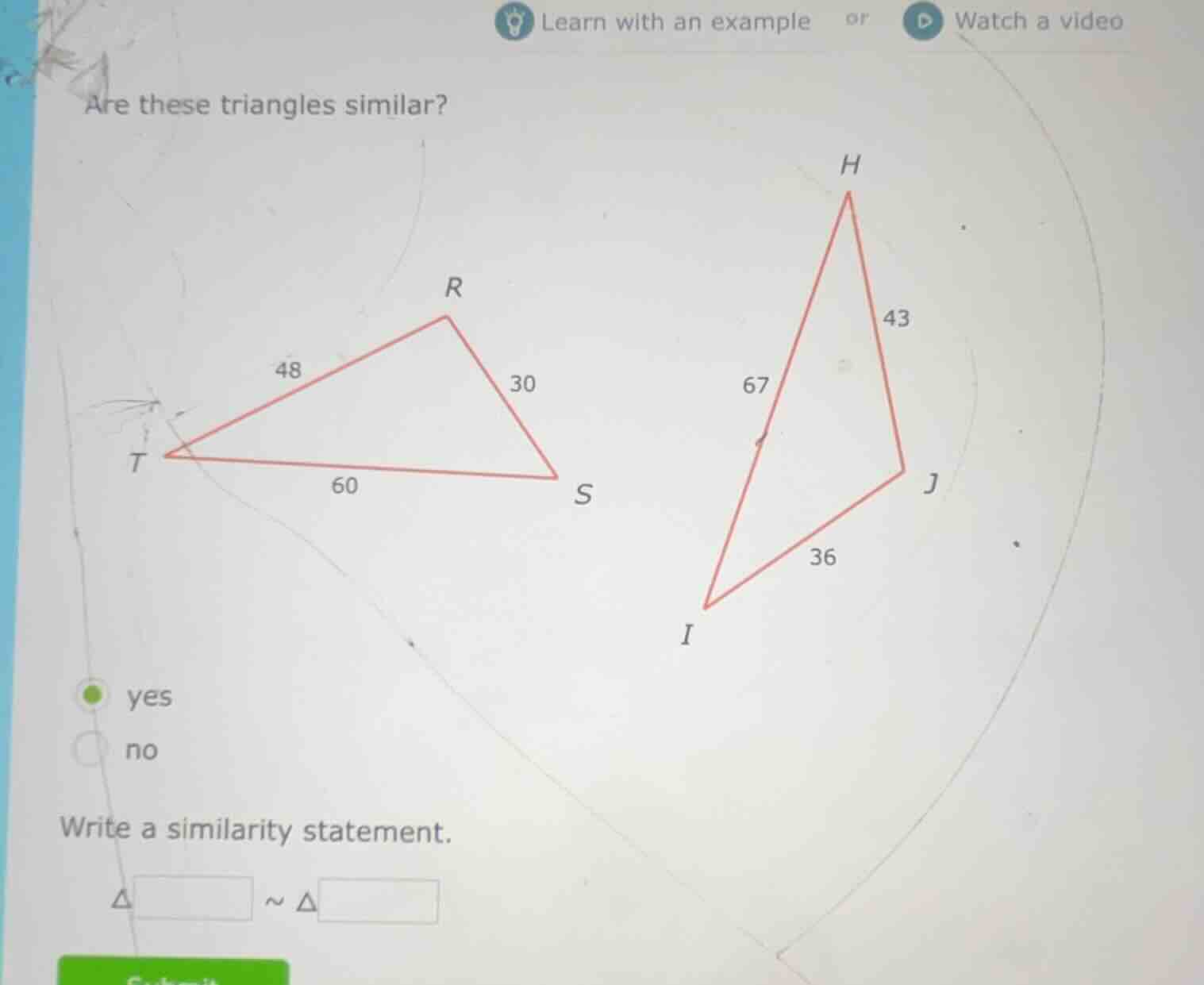 are these triangles similar? write a similarity statement. △□ ~ △□