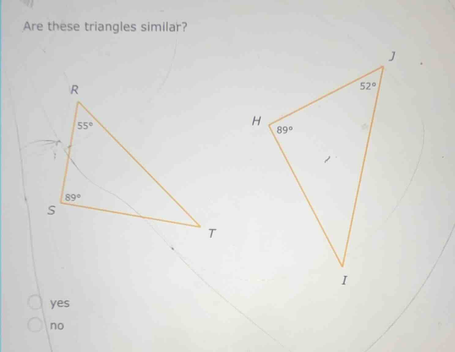are these triangles similar? (there are two triangles, one with vertice…