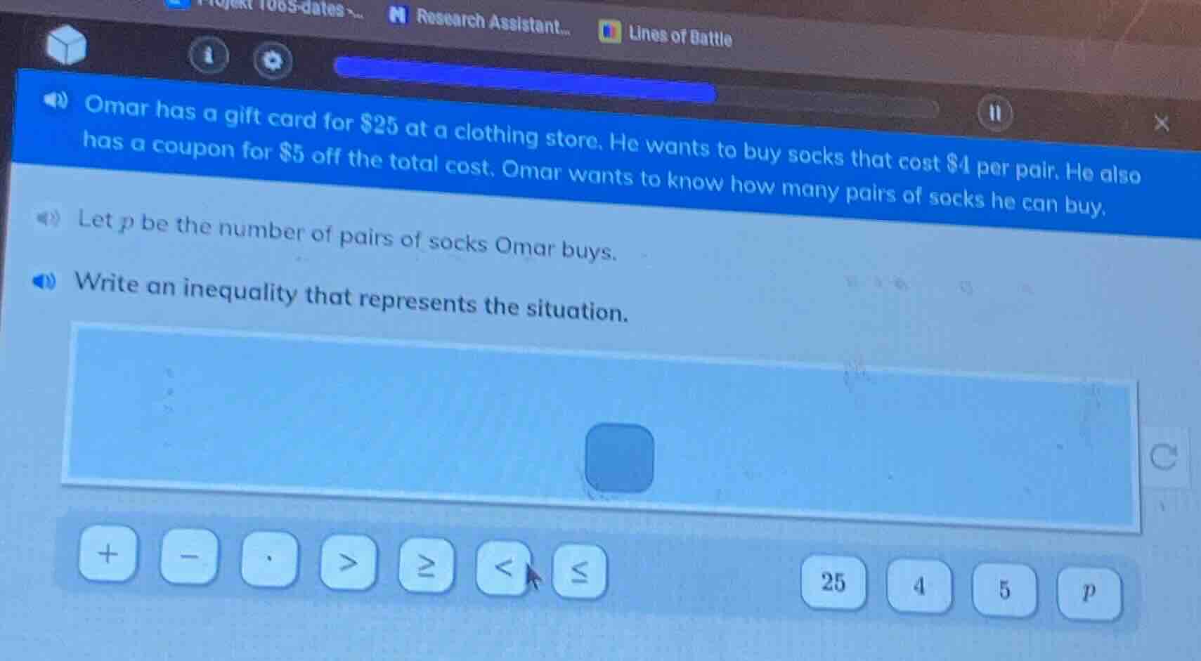 omar has a gift card for $25 at a clothing store. he wants to buy socks…