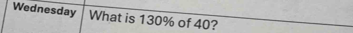 wednesday what is 130% of 40?