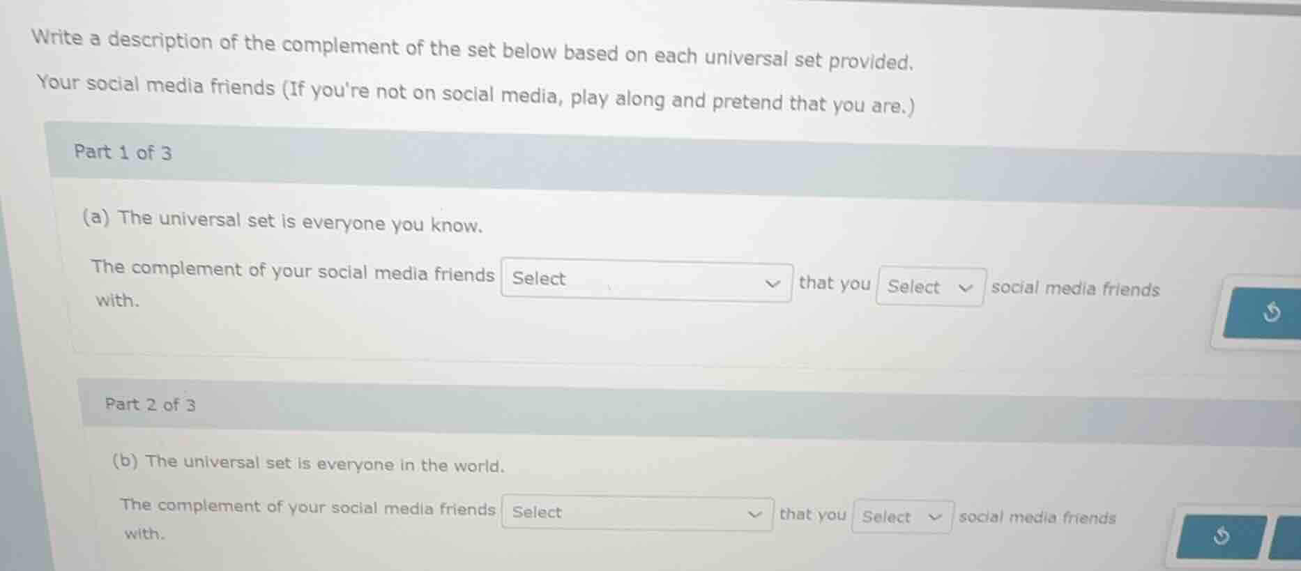 write a description of the complement of the set below based on each un…