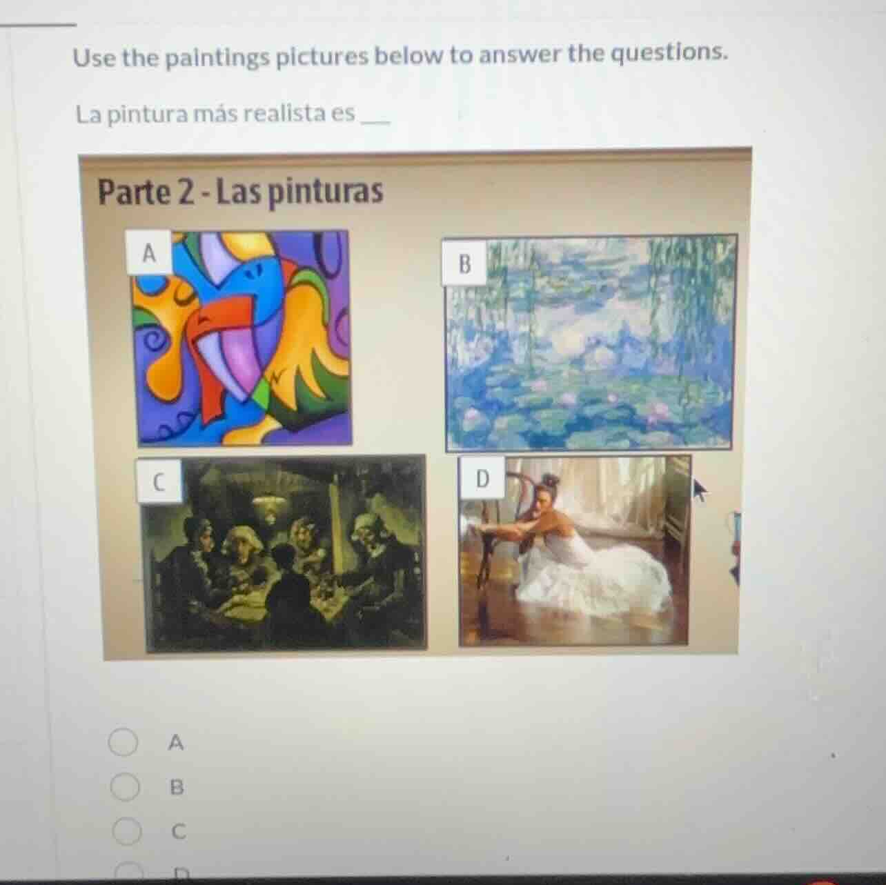 use the paintings pictures below to answer the questions. la pintura má…