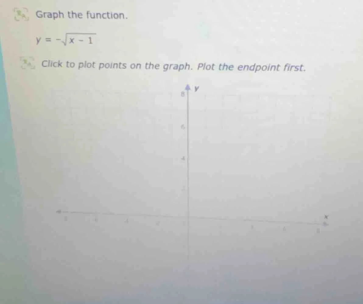 graph the function. $y = -\\sqrt{x - 1}$ click to plot points on the gr…