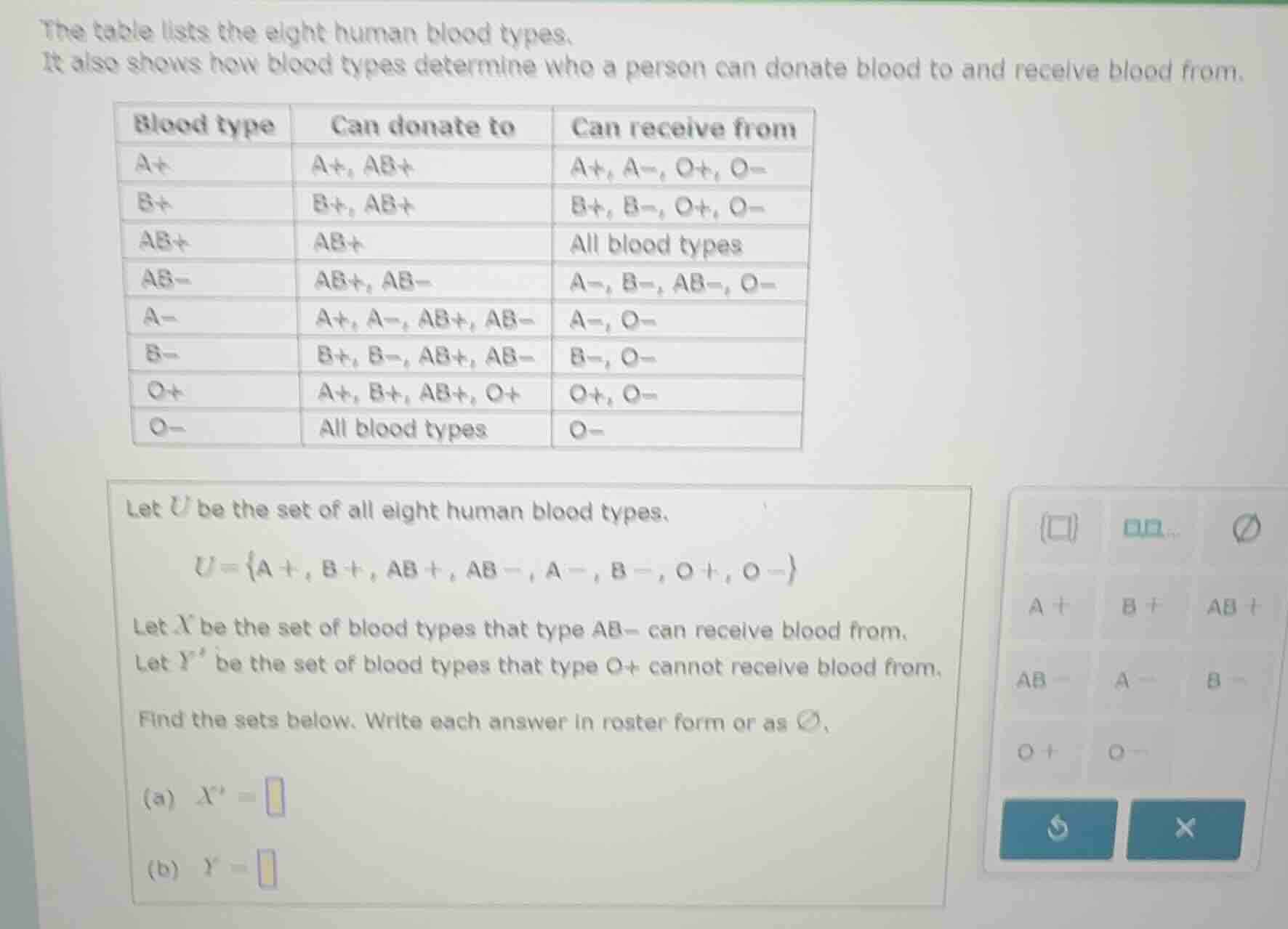 the table lists the eight human blood types. it also shows how blood ty…