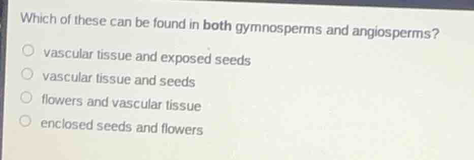 which of these can be found in both gymnosperms and angiosperms? vascul…