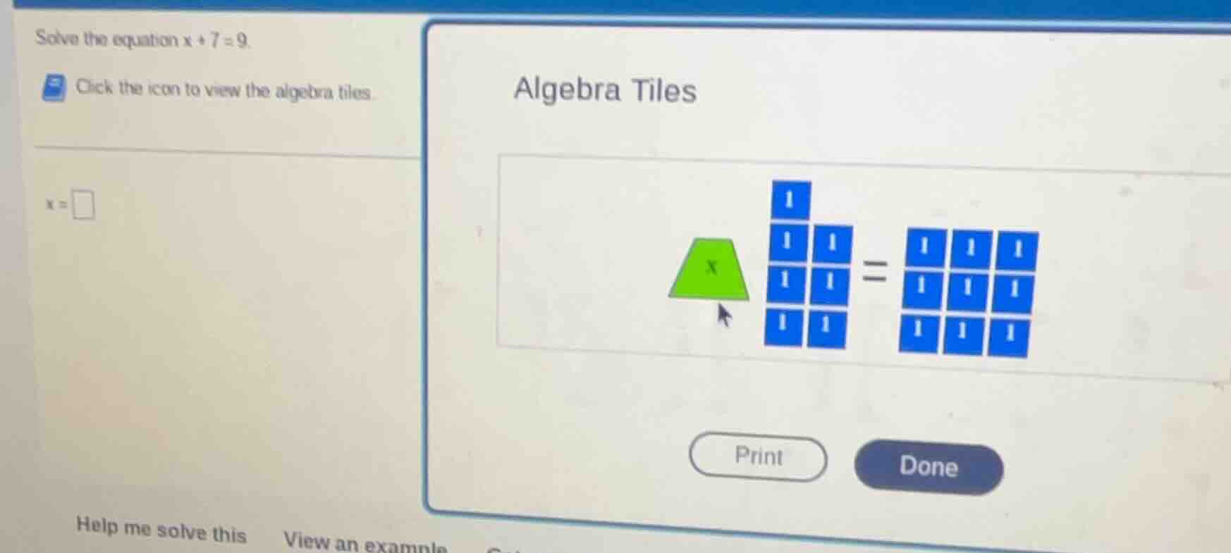 solve the equation $x + 7 = 9$. click the icon to view the algebra tile…