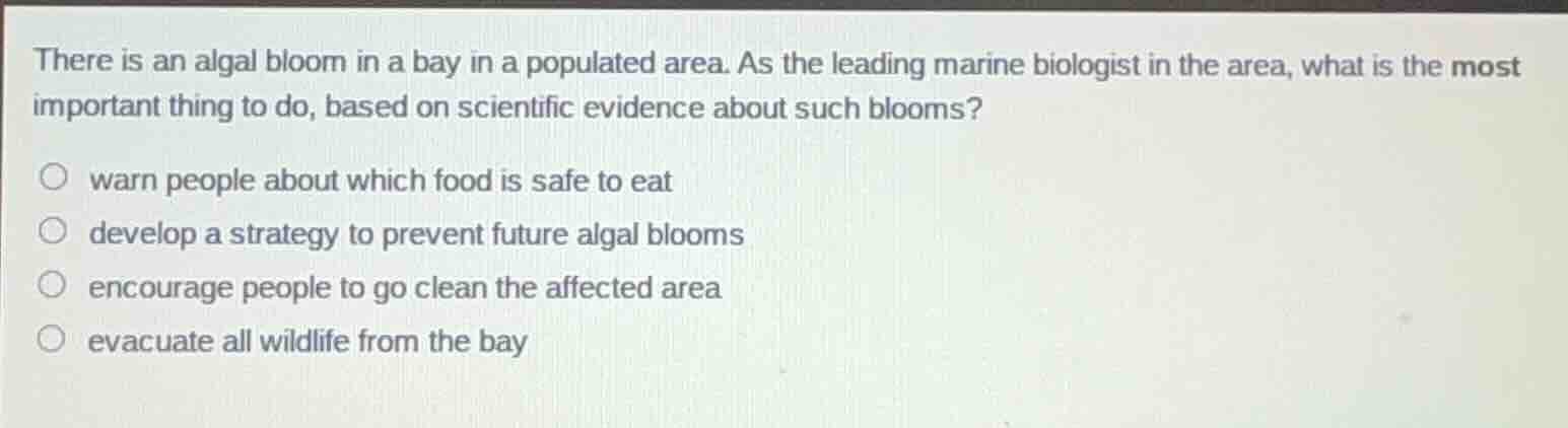 there is an algal bloom in a bay in a populated area. as the leading ma…