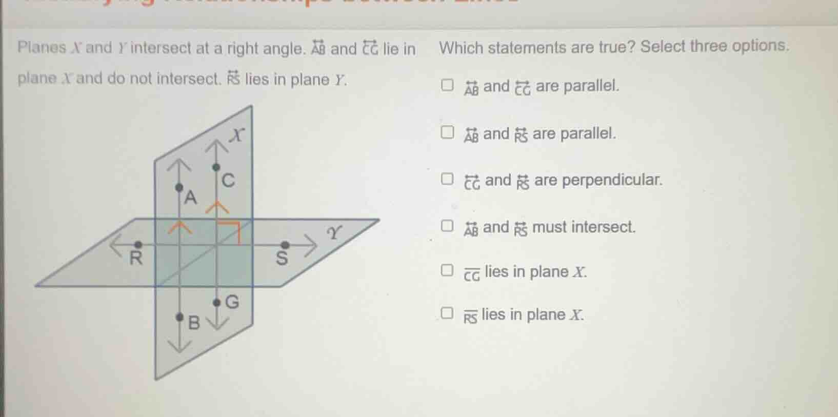 planes x and y intersect at a right angle. \\(overleftrightarrow{ab}\\)…
