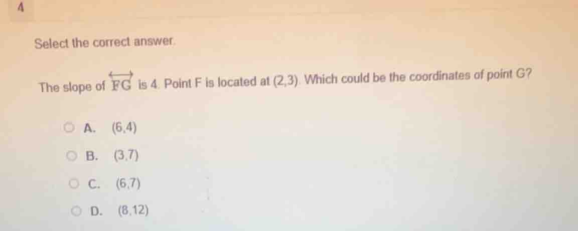select the correct answer. the slope of \\overleftrightarrow{fg} is 4. …