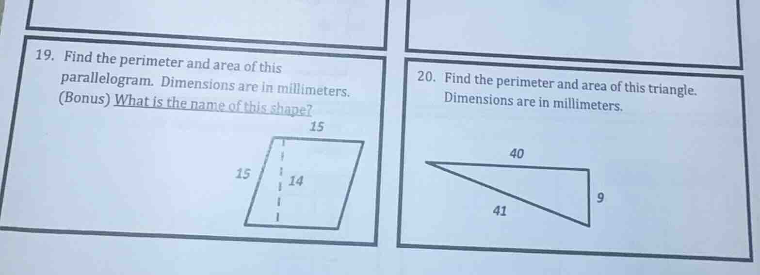 19. find the perimeter and area of this parallelogram. dimensions are i…