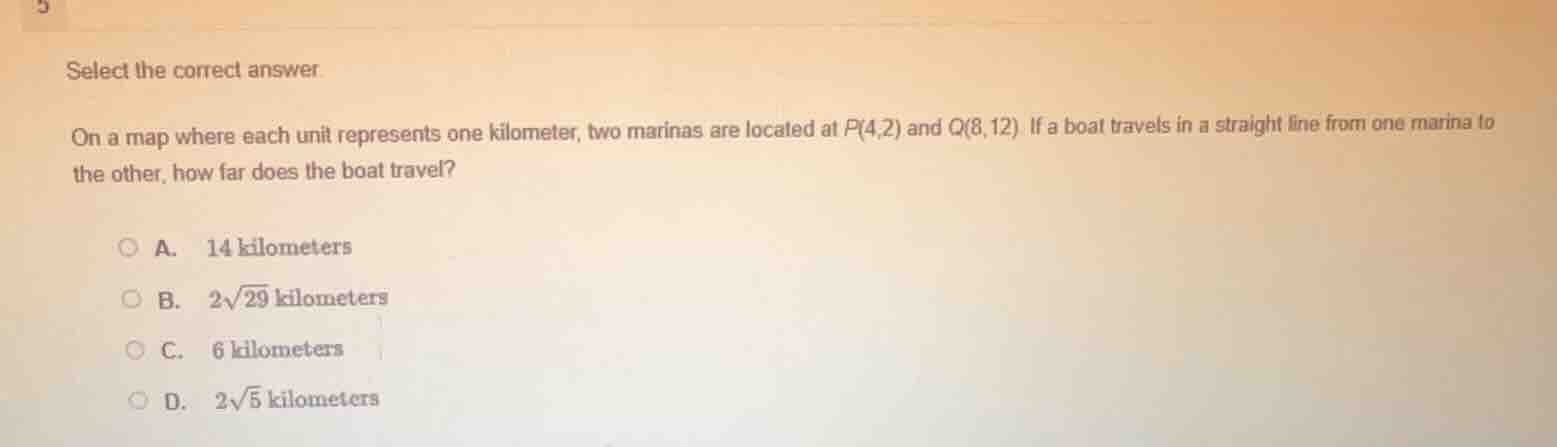 select the correct answer. on a map where each unit represents one kilo…