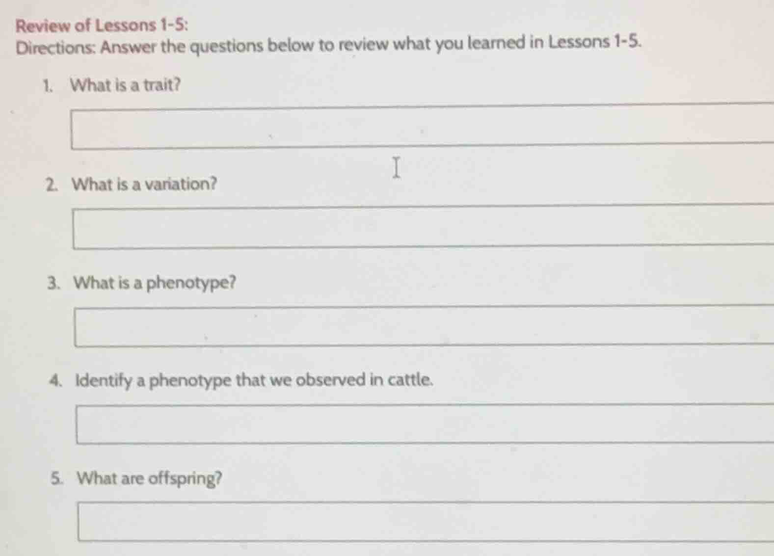 review of lessons 1-5: directions: answer the questions below to review…