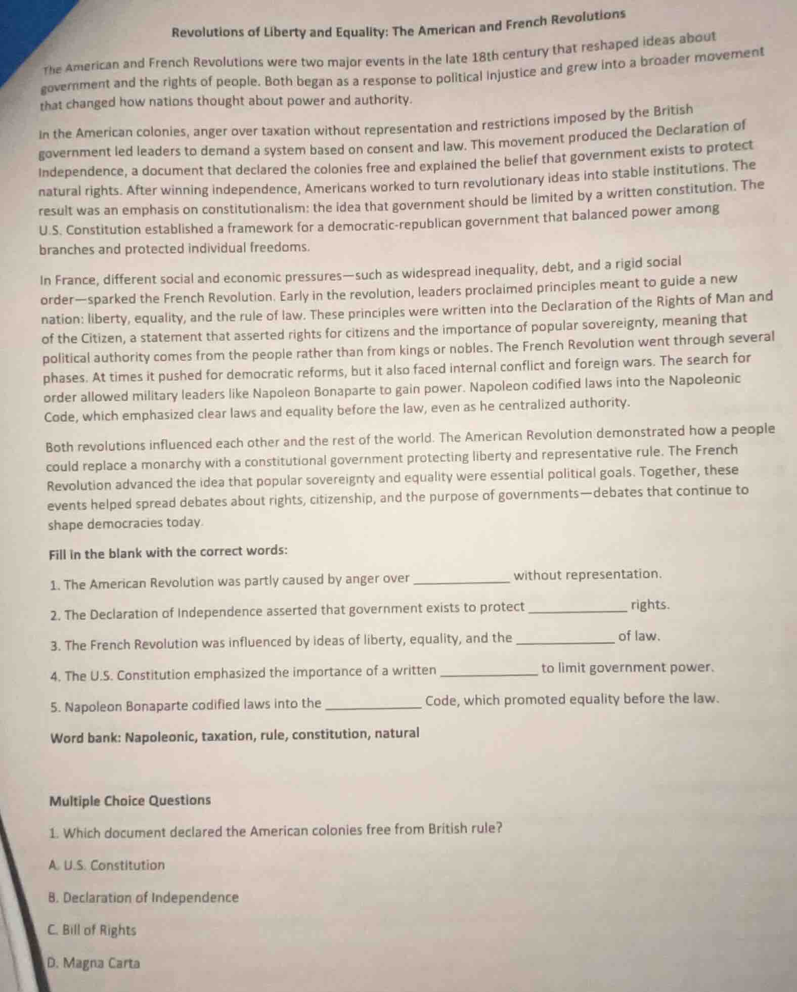 revolutions of liberty and equality: the american and french revolution…