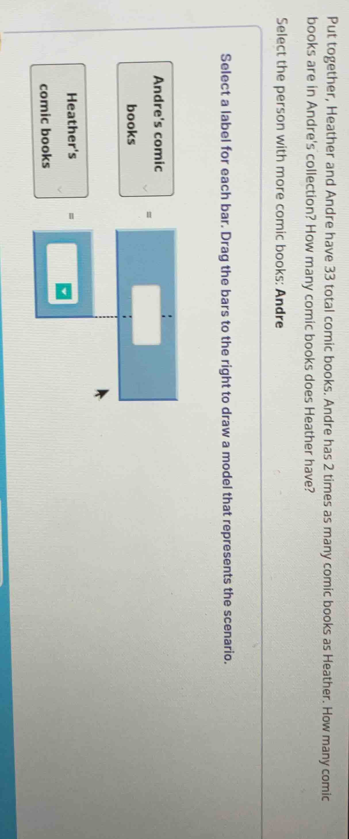 put together, heather and andre have 33 total comic books. andre has 2 …