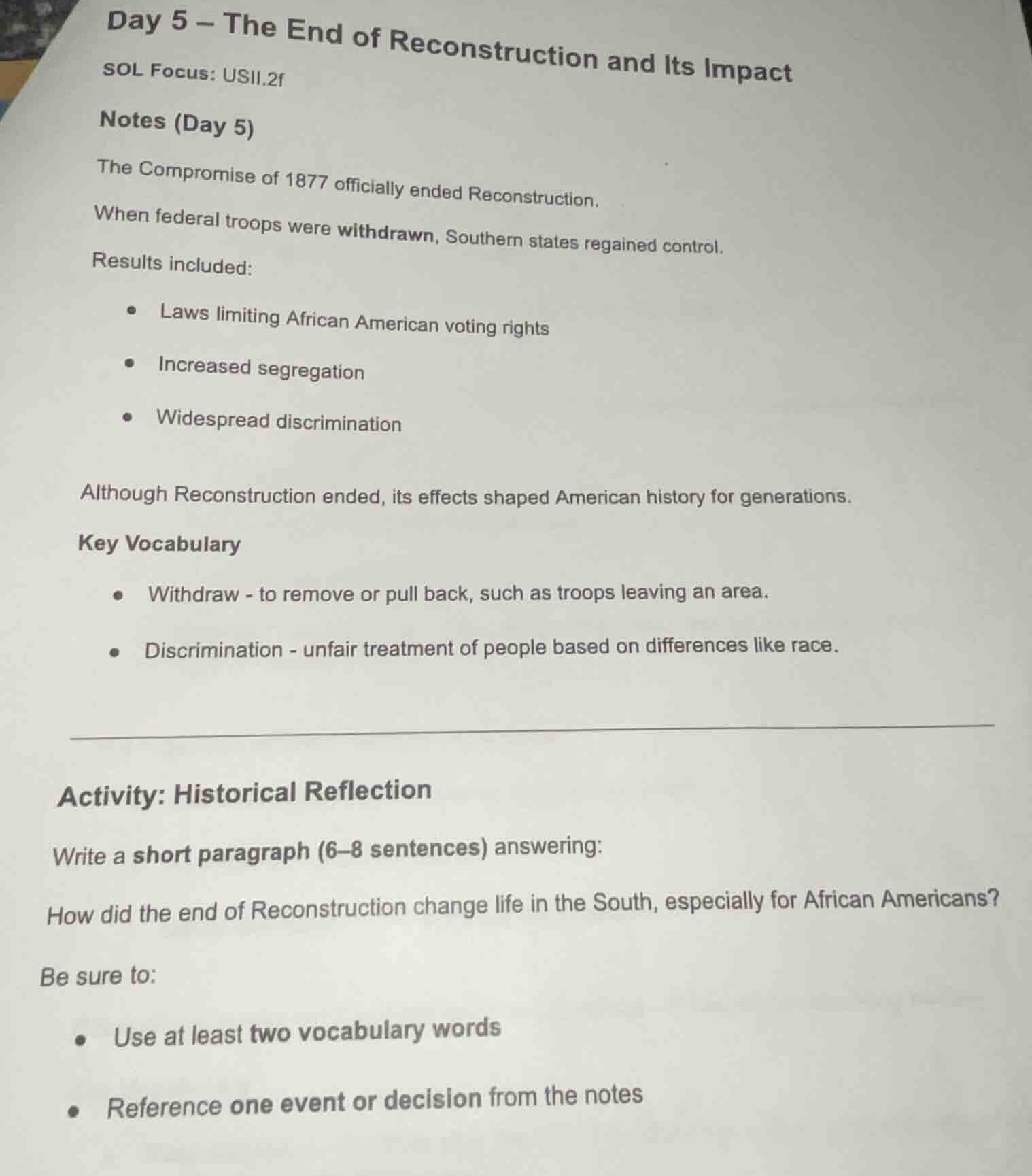 day 5 – the end of reconstruction and its impact sol focus: usii.2f not…