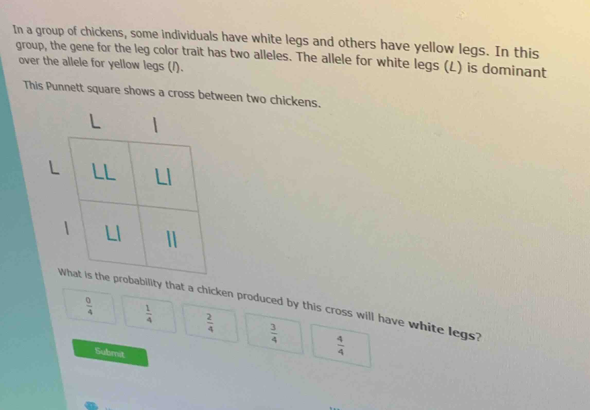 in a group of chickens, some individuals have white legs and others hav…