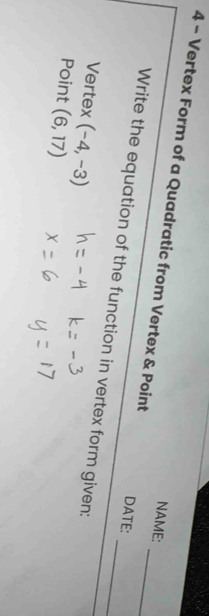 4 - vertex form of a quadratic from vertex & point write the equation o…