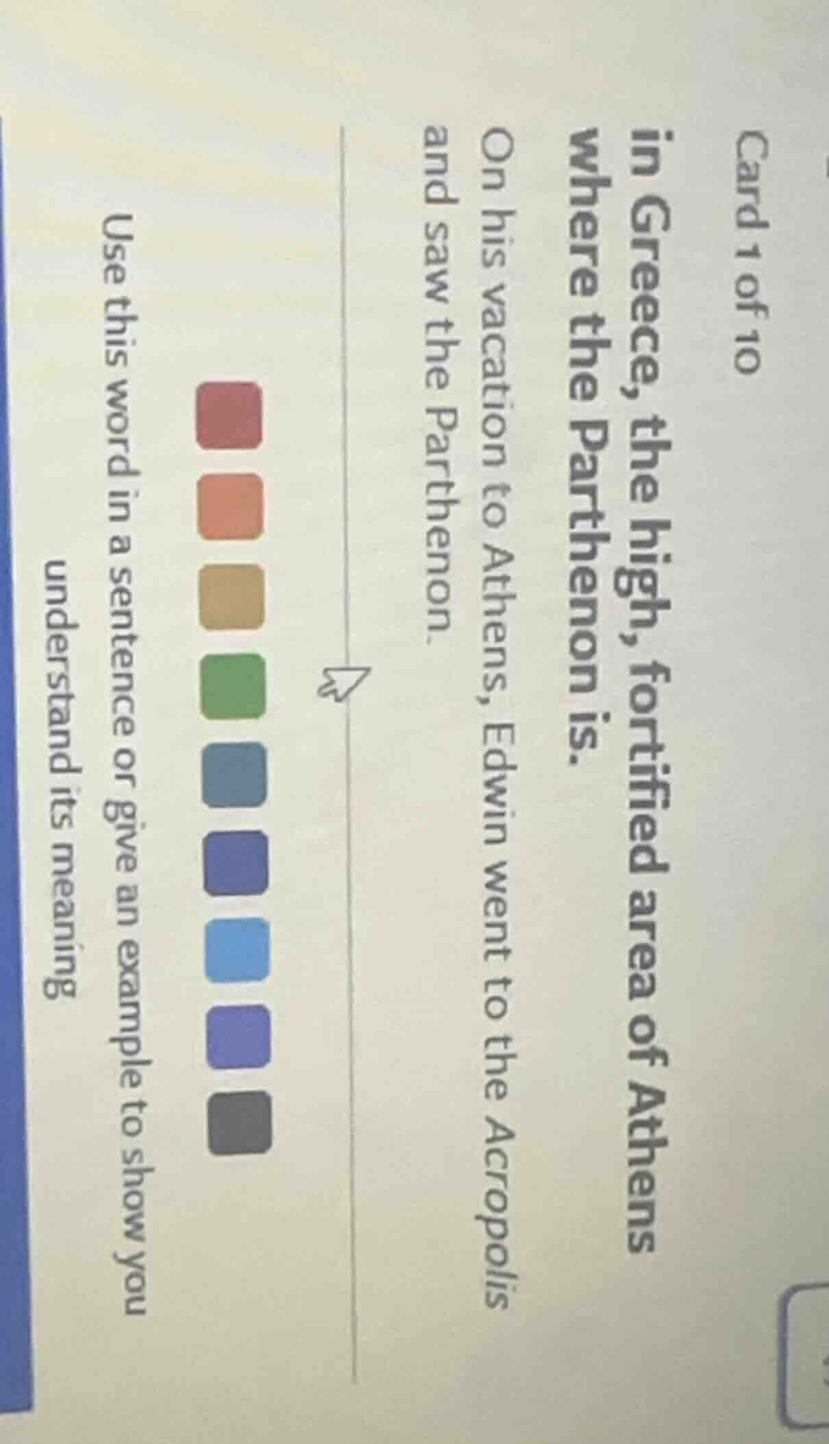 card 1 of 10 in greece, the high, fortified area of athens where the pa…