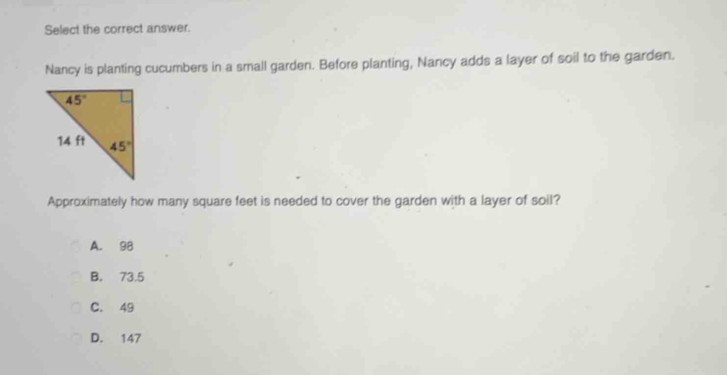 select the correct answer. nancy is planting cucumbers in a small garde…