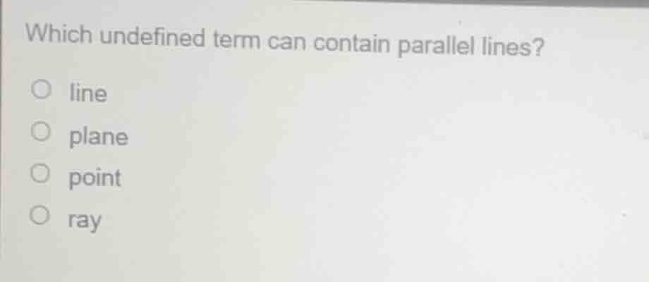 which undefined term can contain parallel lines? line plane point ray