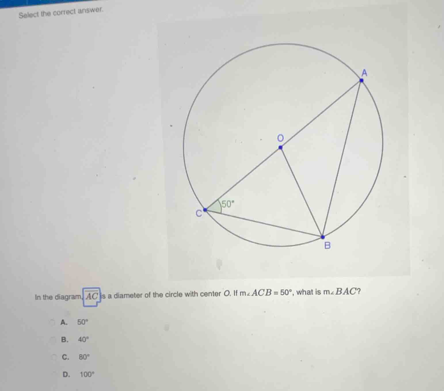 select the correct answer. in the diagram, (overline{ac}) is a diameter…