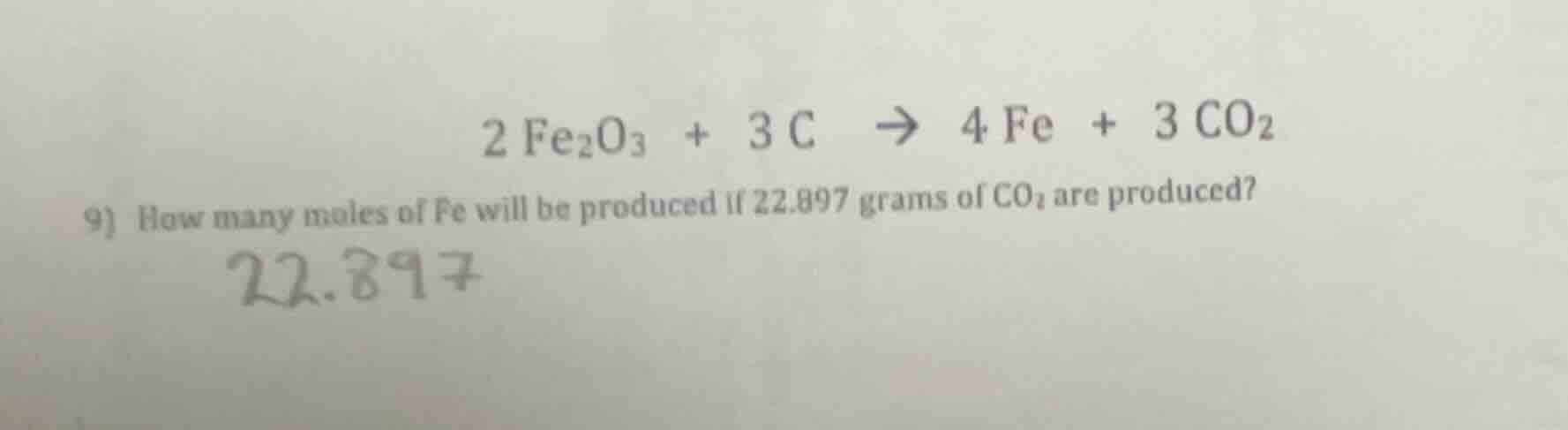 2 fe₂o₃ + 3 c → 4 fe + 3 co₂ 9) how many moles of fe will be produced i…