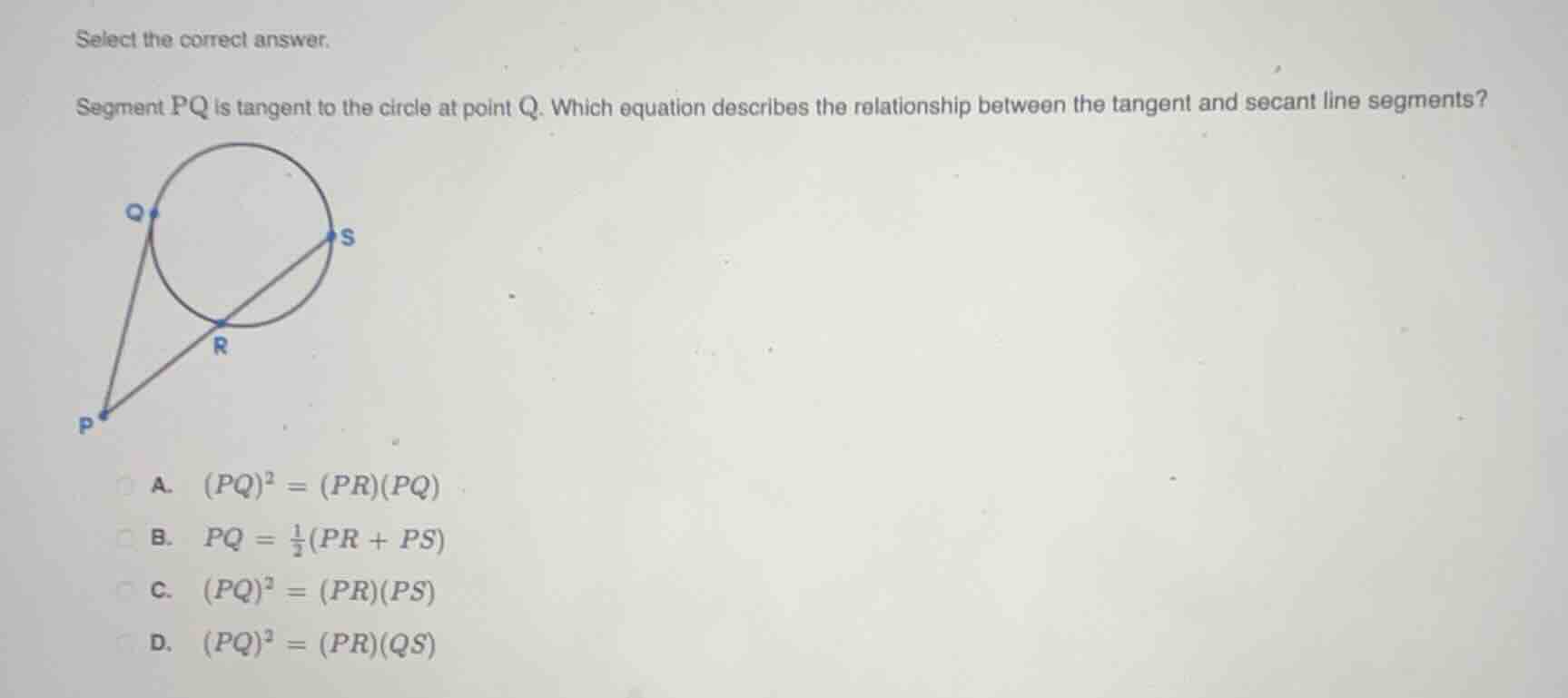 select the correct answer. segment pq is tangent to the circle at point…