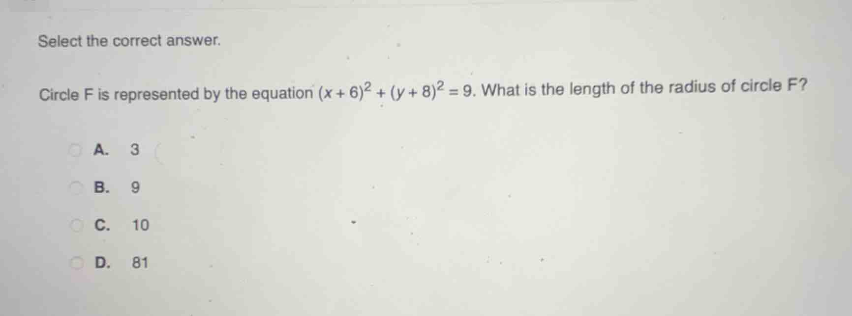 select the correct answer. circle f is represented by the equation $(x …