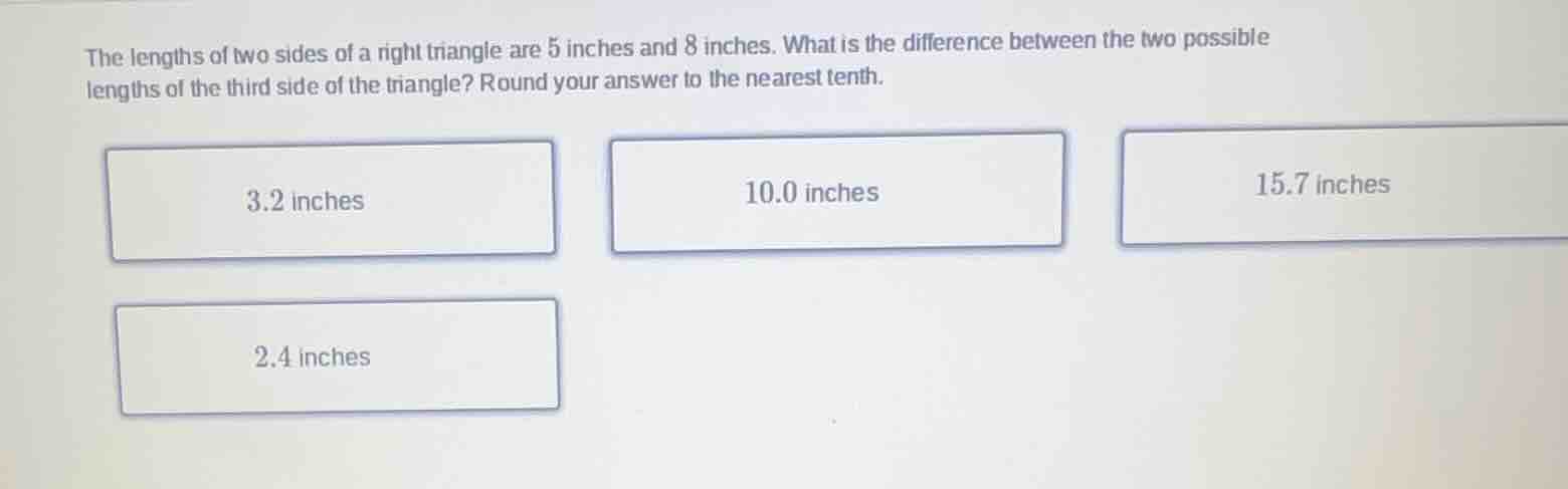 the lengths of two sides of a right triangle are 5 inches and 8 inches.…
