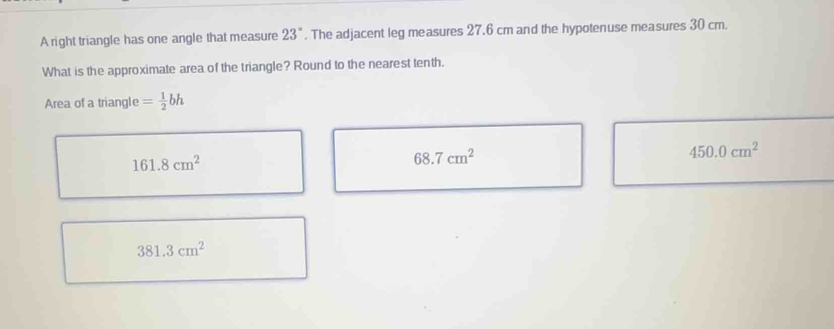 a right triangle has one angle that measure $23^{circ}$. the adjacent l…