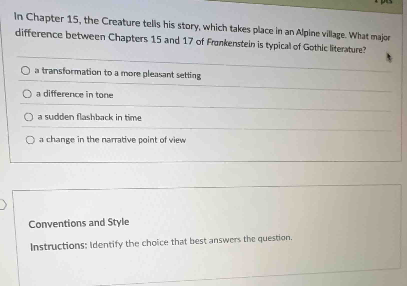 in chapter 15, the creature tells his story, which takes place in an al…