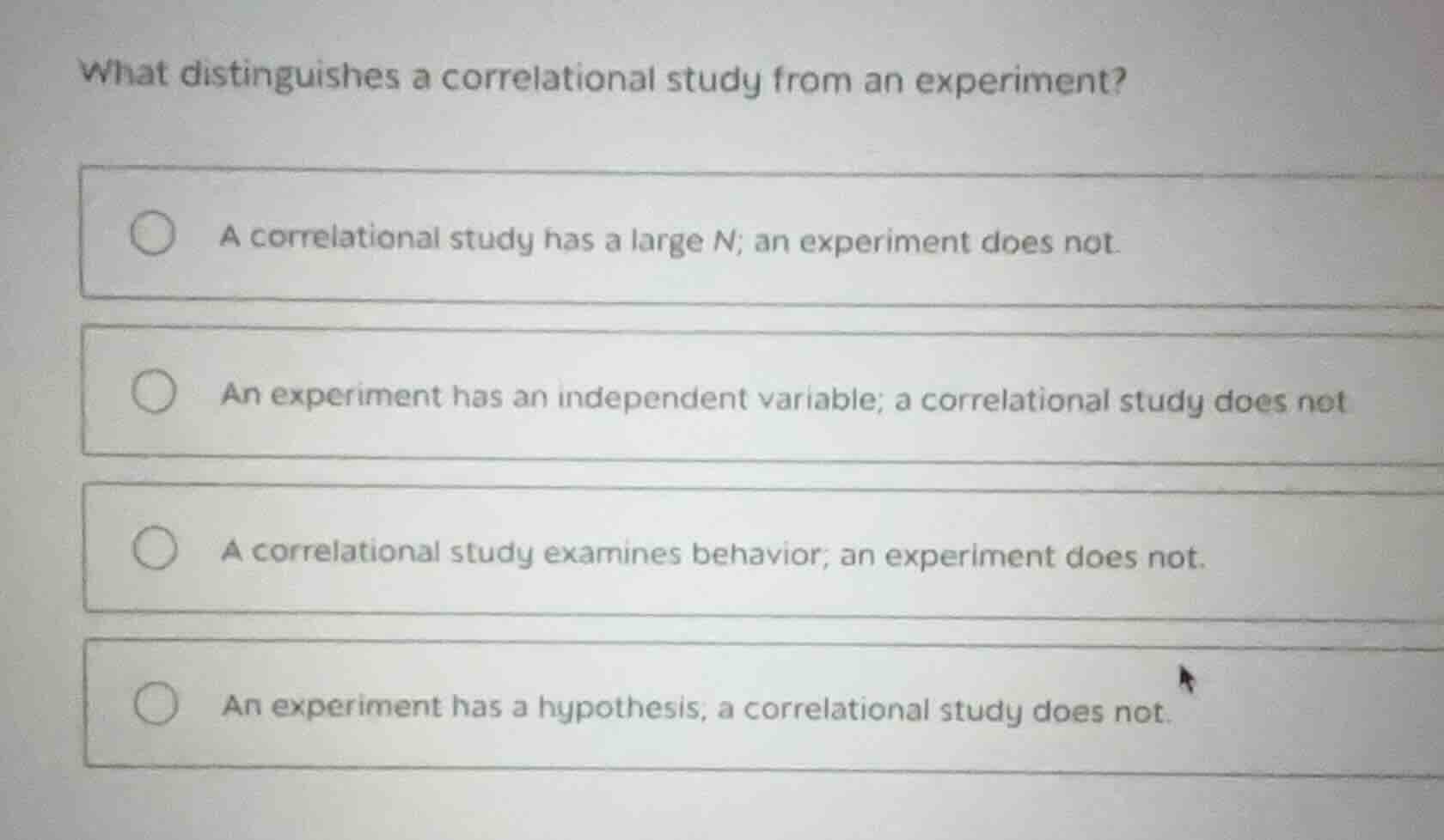 what distinguishes a correlational study from an experiment? a correlat…