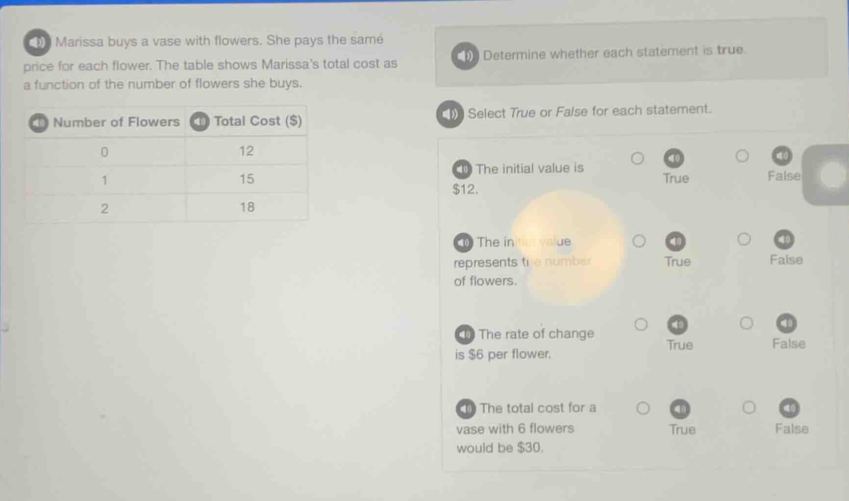 marissa buys a vase with flowers. she pays the same price for each flow…