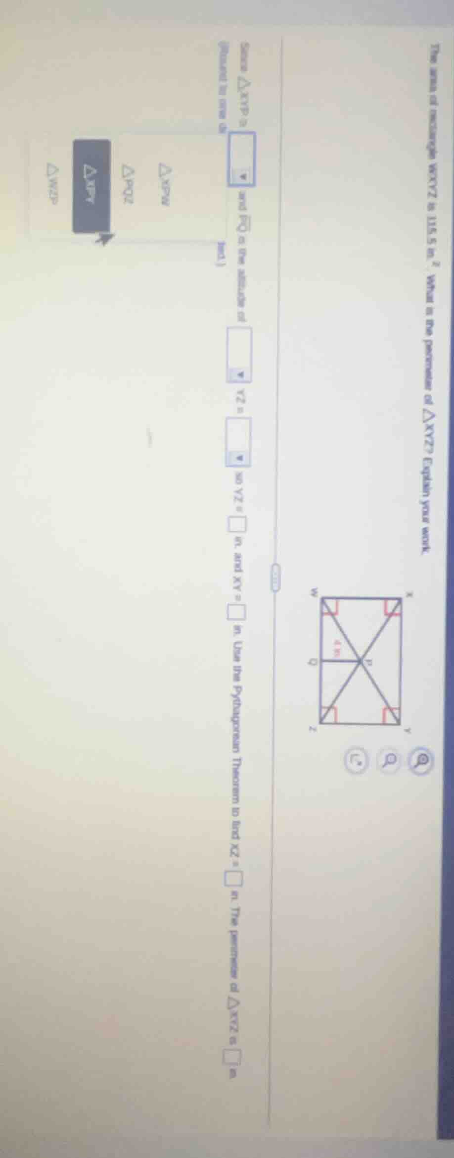 the area of rectangle wxyz is 115.5 in². what is the perimeter of △xyz?…