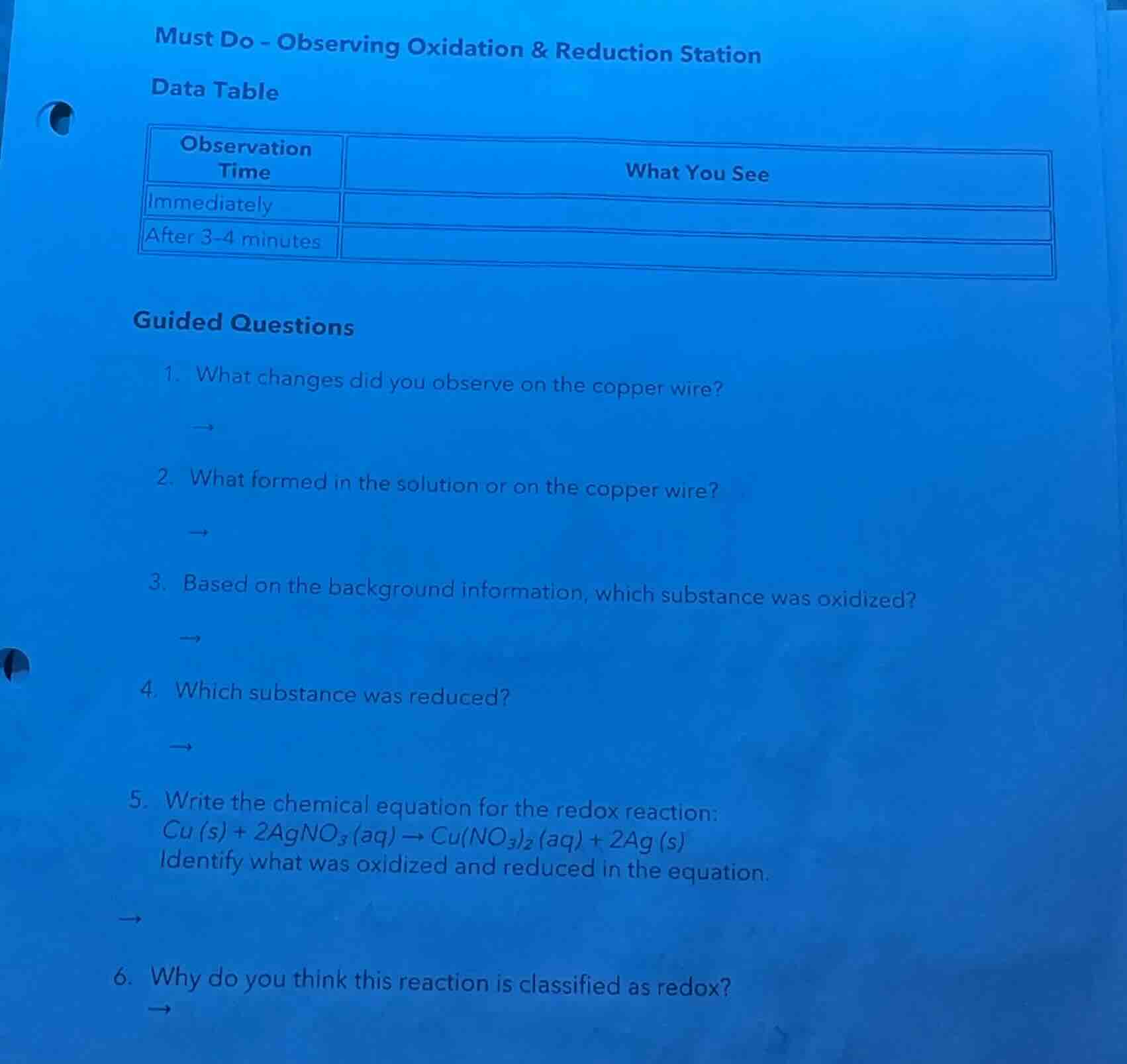 must do - observing oxidation & reduction station data table observatio…