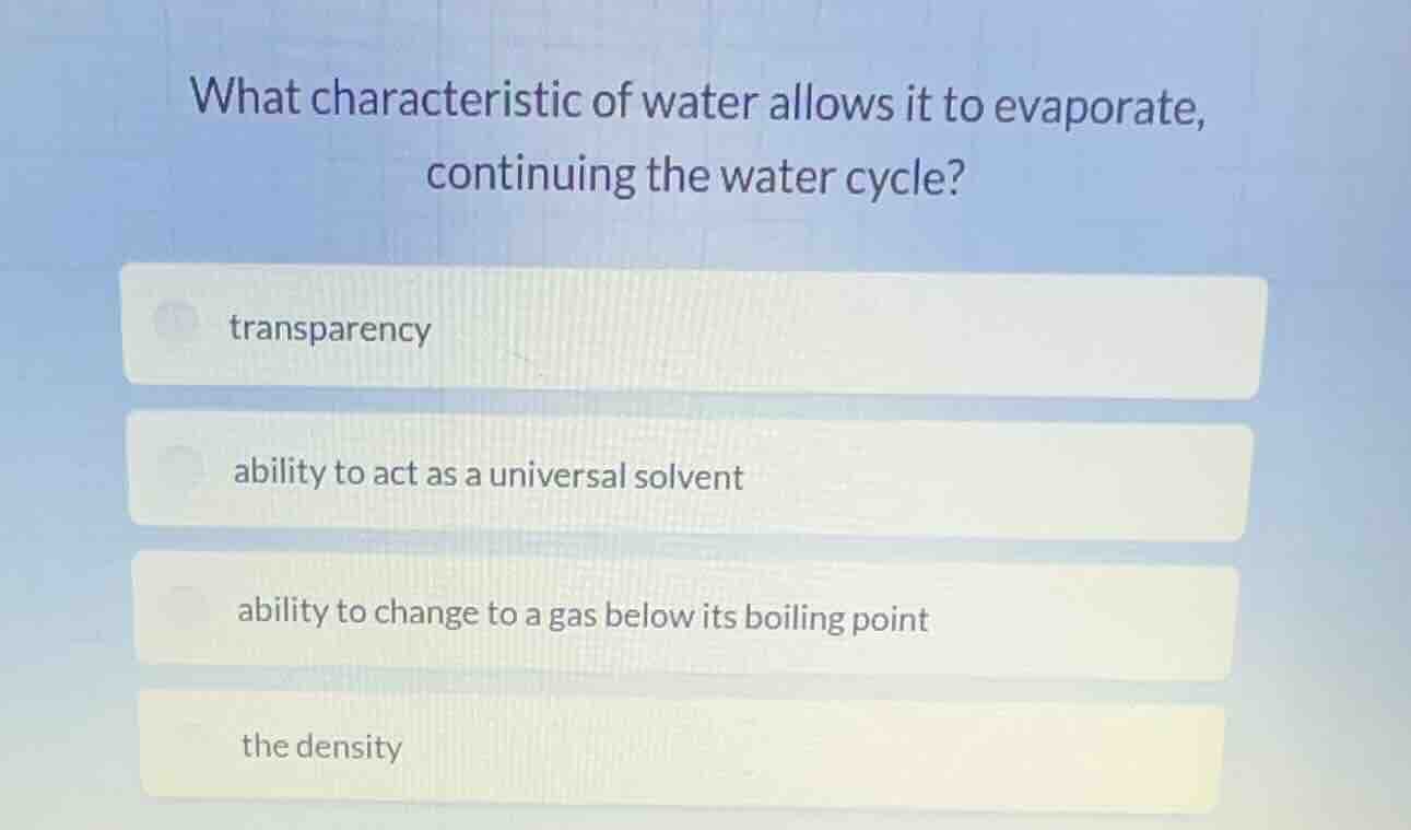 what characteristic of water allows it to evaporate, continuing the wat…