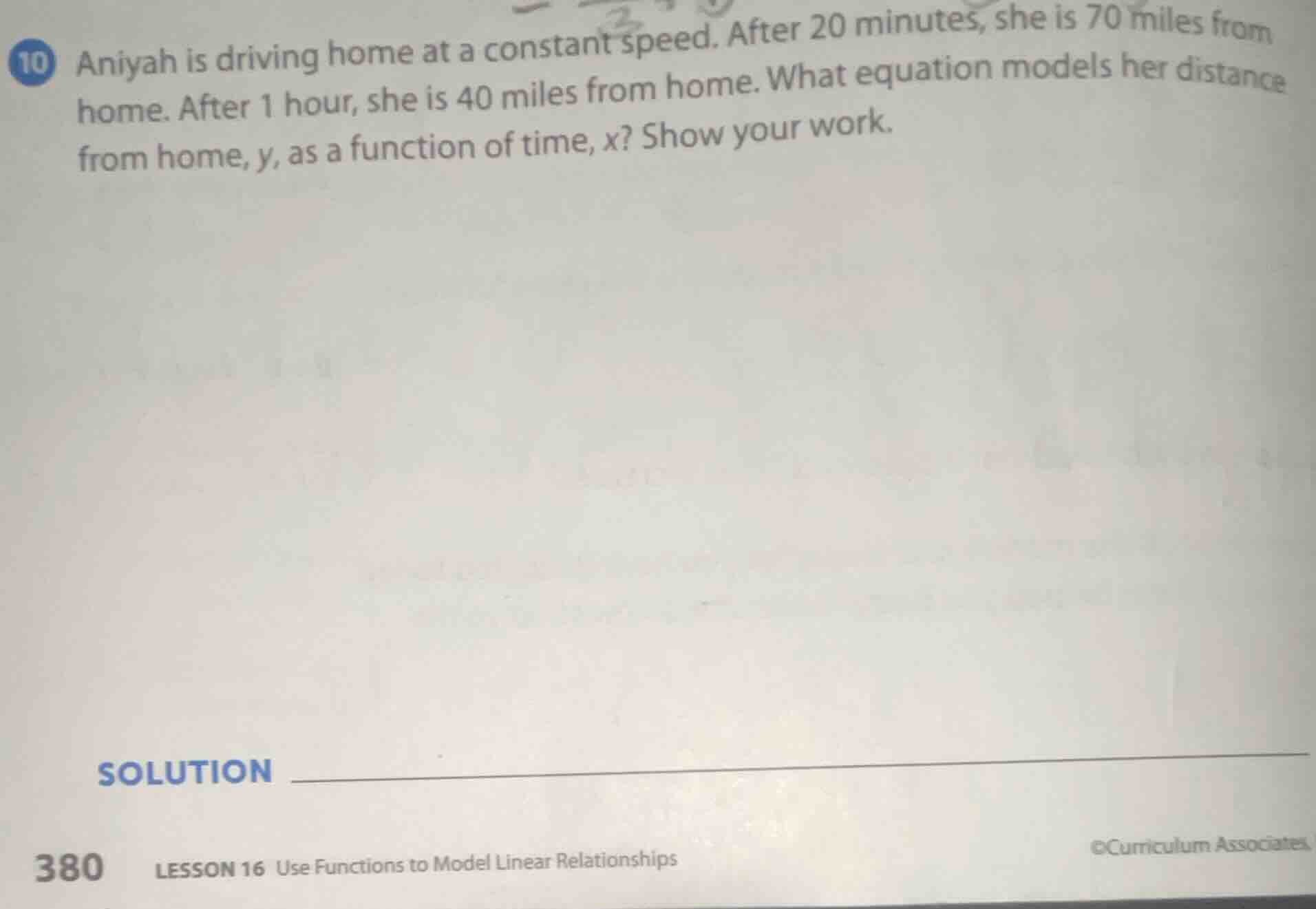 10 aniyah is driving home at a constant speed. after 20 minutes, she is…