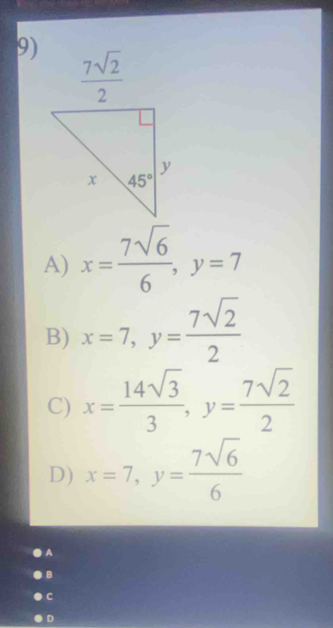 9) a) $x=\\frac{7\\sqrt{6}}{6}, y=7$ b) $x=7, y=\\frac{7\\sqrt{2}}{2}$ …