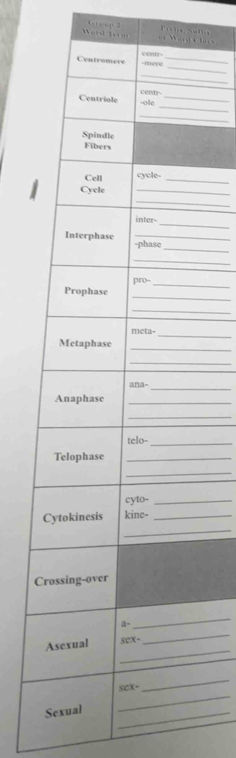group 2: word term | prefix, suffix, or word clues centromere | centr- …