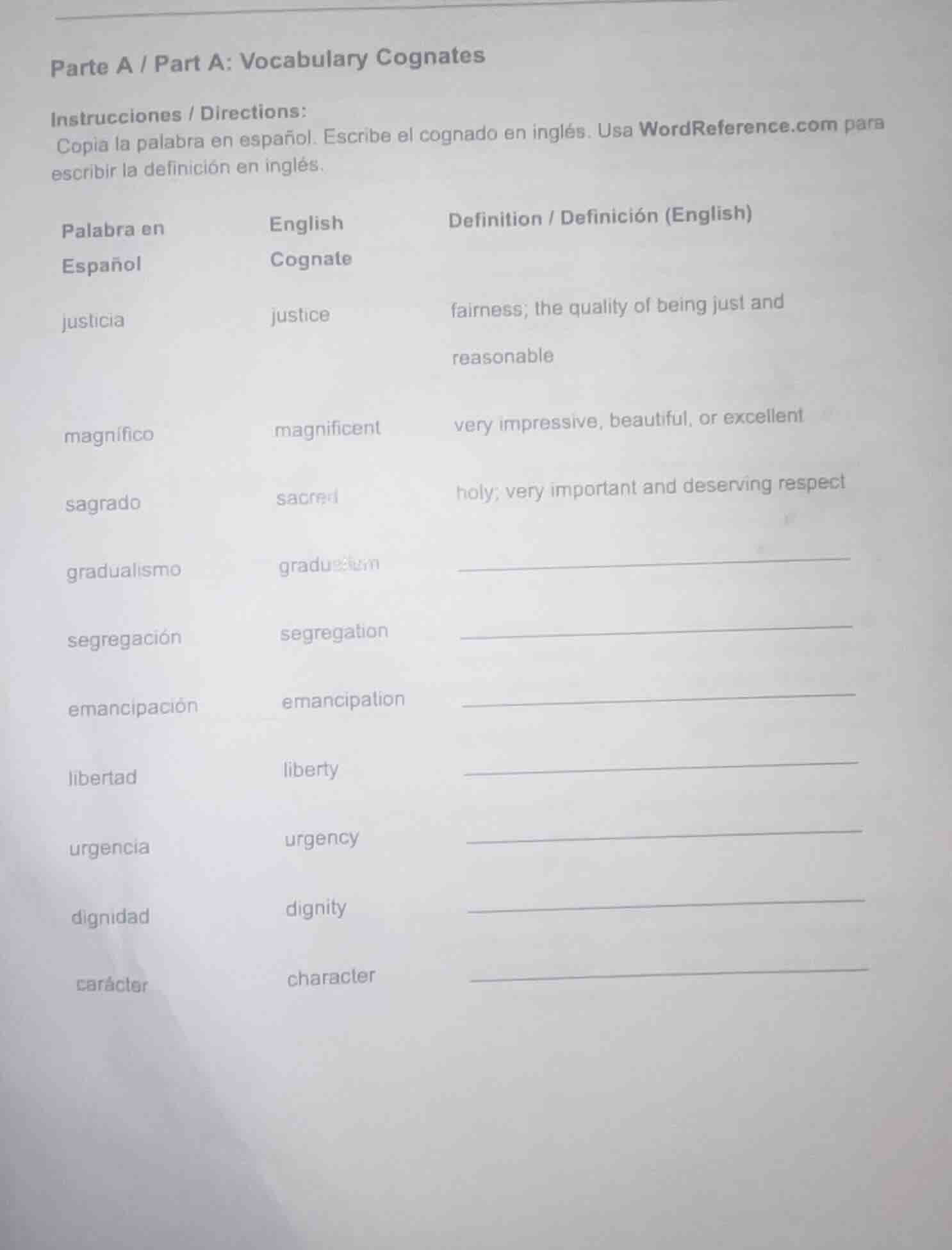 parte a / part a: vocabulary cognates instrucciones / directions: copia…
