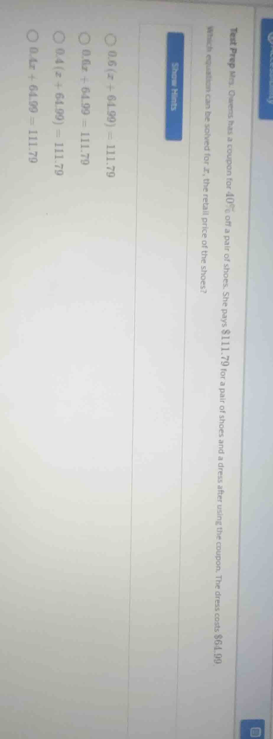 test prep mrs. owens has a coupon for 40% off a pair of shoes. she pays…