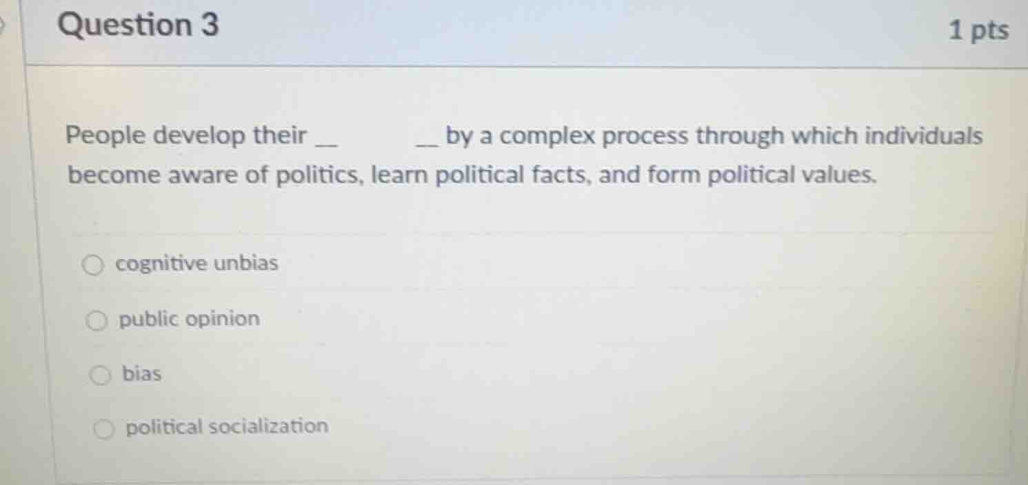 question 3 1 pts people develop their __ __ by a complex process throug…
