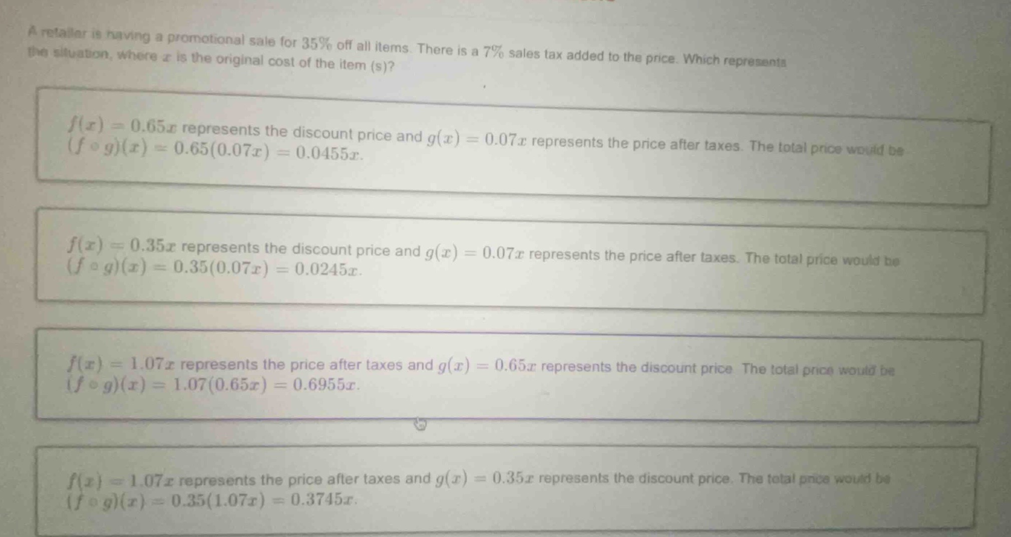 a retailer is having a promotional sale for 35% off all items. there is…